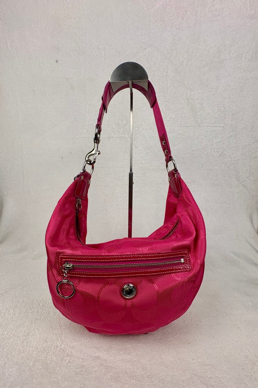 Coach Laura Signature Canvas Hobo in Barbie Pink with Charm